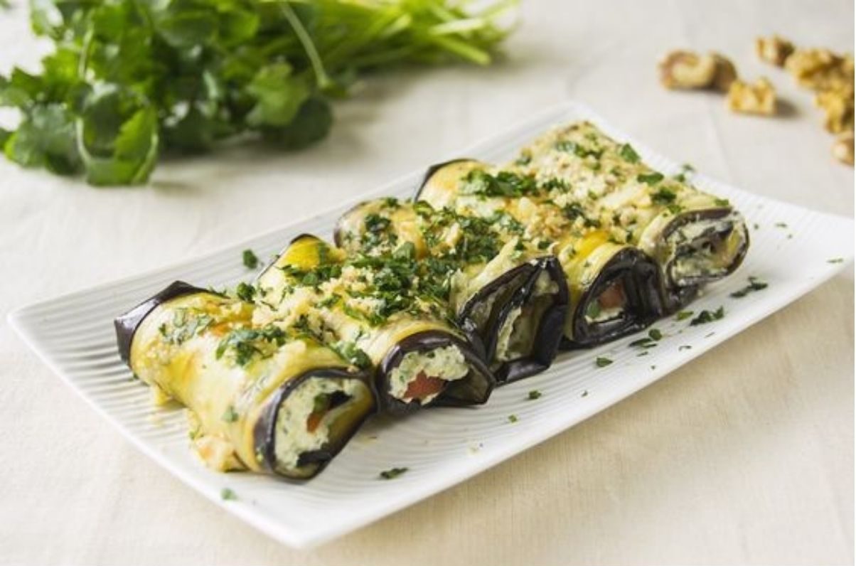 involtini di melanzane e caprino con cicerchie