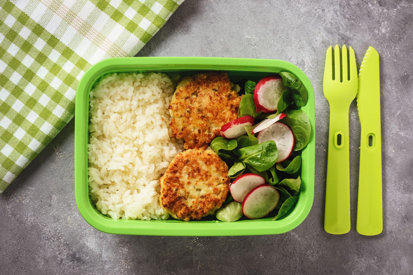 schiscetta polpette, riso e verdure