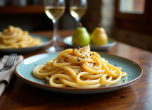 Pasta cacio, pepe e pere servita in un piatto elegante