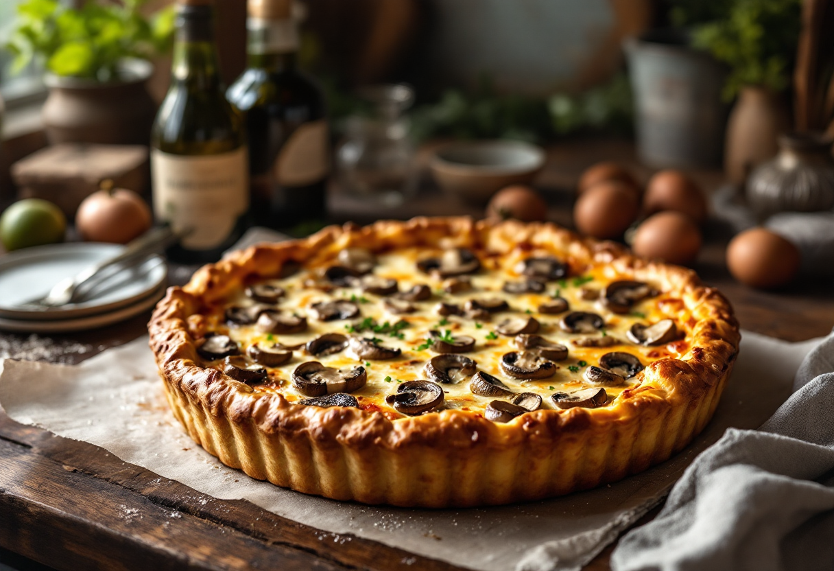 Torta di funghi e formaggio appena sfornata