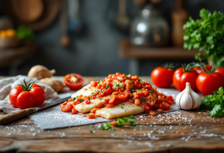 Baccalà al pomodoro servito in un piatto tipico italiano