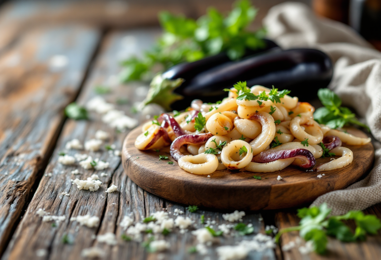 Calamari freschi con melanzane grigliate in un piatto estivo