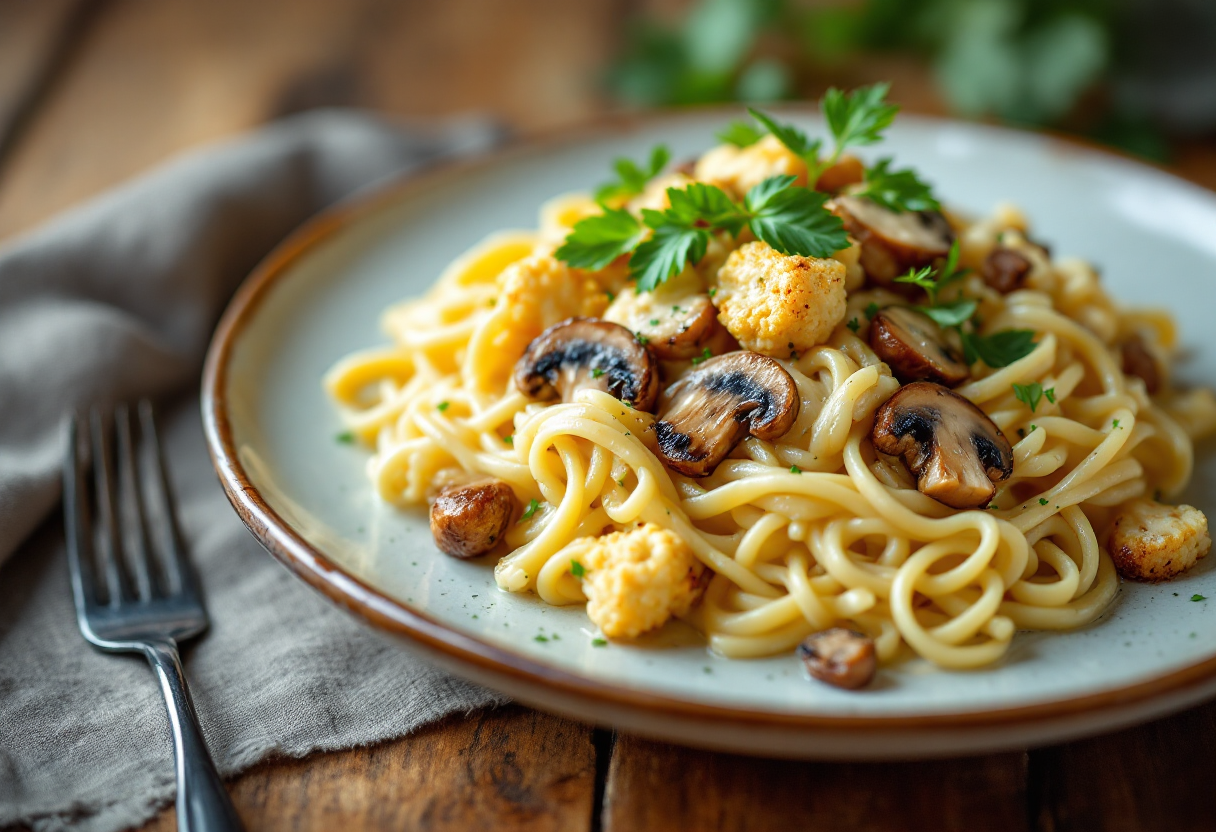 Piatto di carbonara vegana con ingredienti freschi
