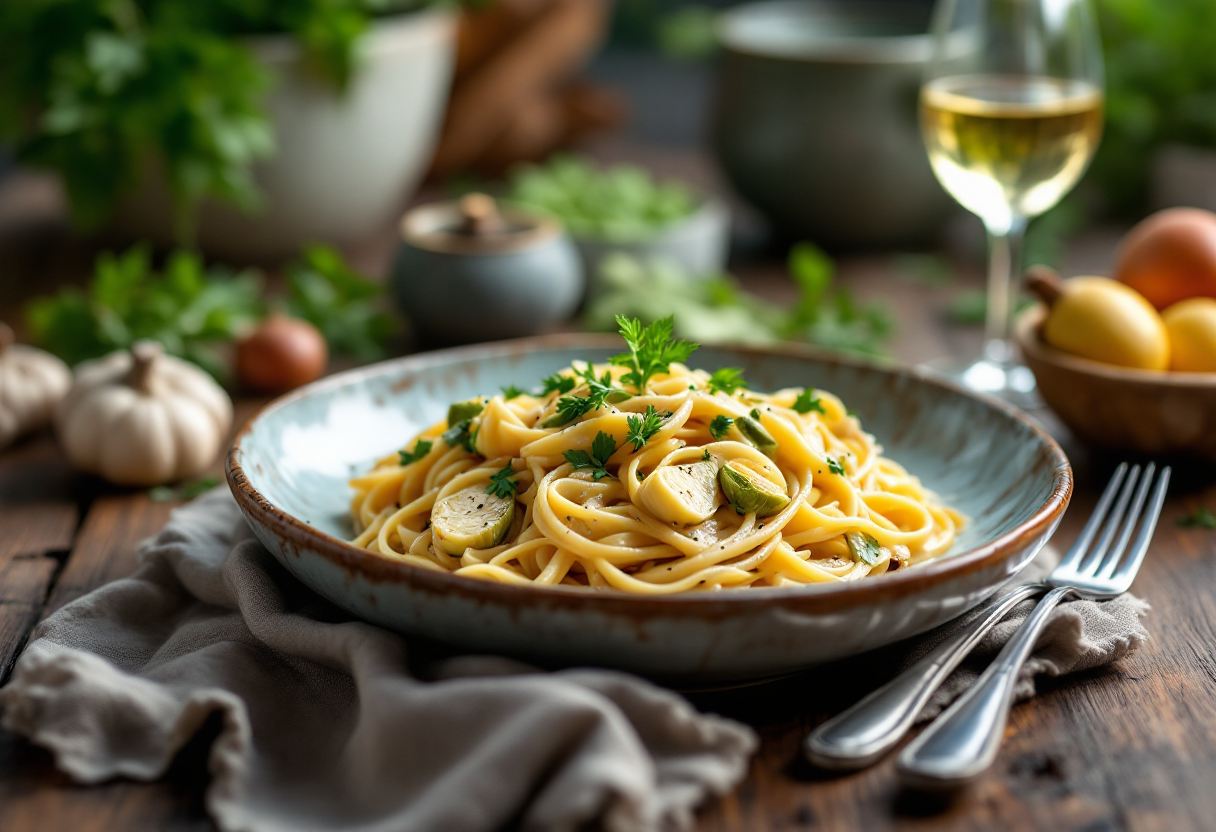 Piatto di carbonara con carciofi freschi e guanciale
