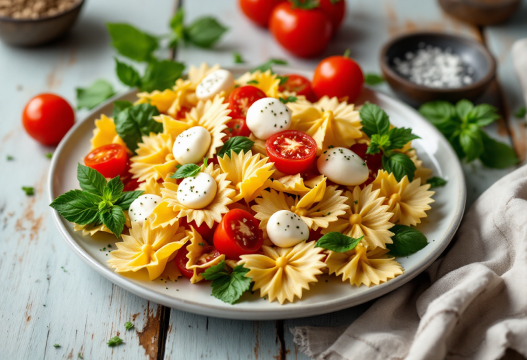 Piatto estivo di farfalle tricolore con verdure e bufala