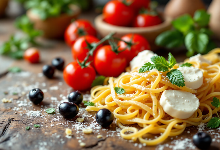 Fusilli estivi con pomodori freschi, mozzarella e olive