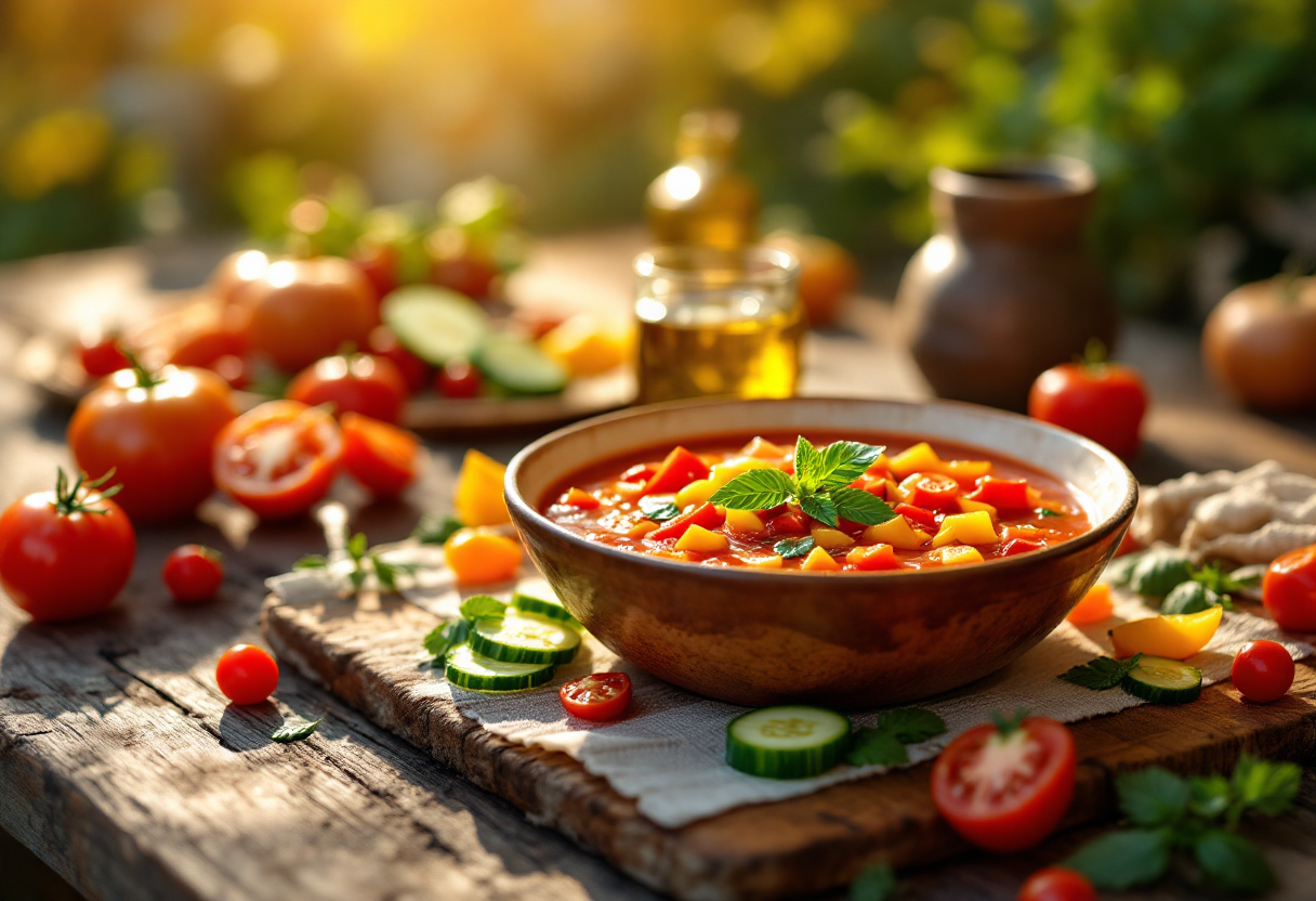 Un piatto di gazpacho fresco con verdure colorate