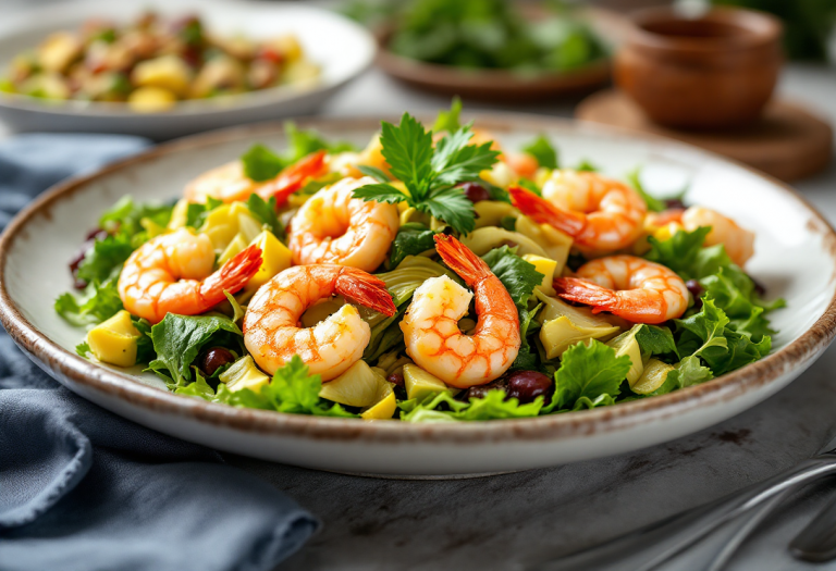 Antipasto di insalata con gamberi e carciofi