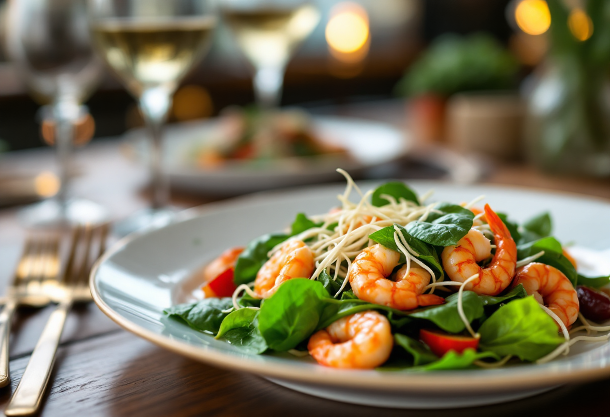 Antipasto di insalata con gamberi e spinaci freschi