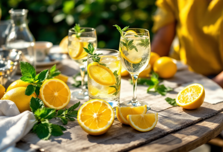 Aperitivo Limoncè in un bicchiere con limoni freschi