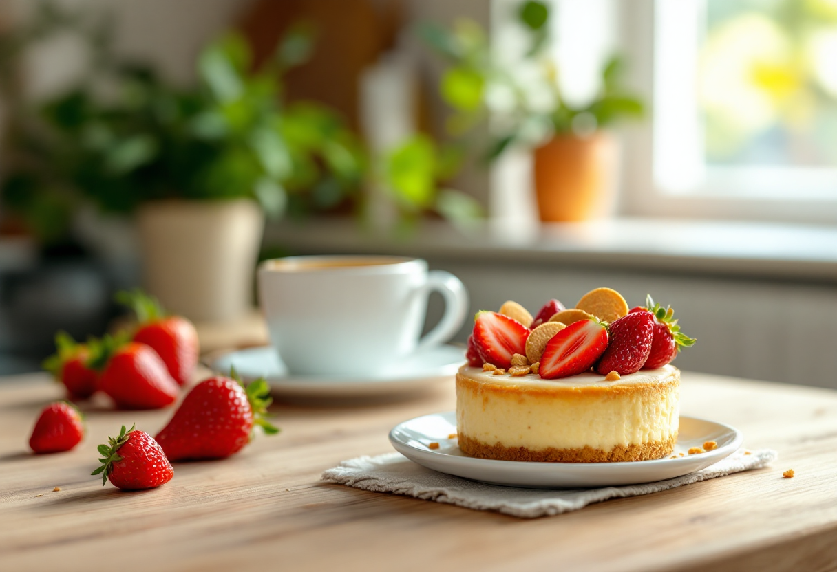 Mini cheesecake decorata con chips di fragole fresche