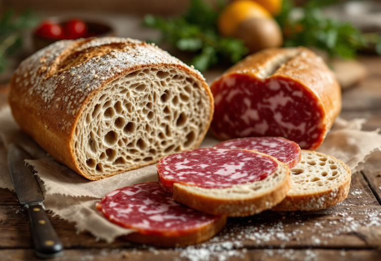 Antipasto di pane al farro con salame affettato