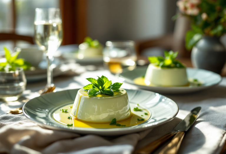 Panna cotta salata ai piselli servita in un piatto elegante