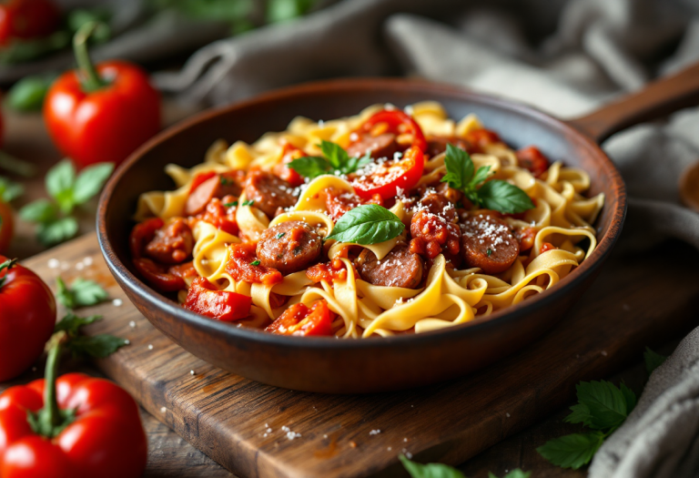 Pappardelle con salsiccia e peperoni in un piatto