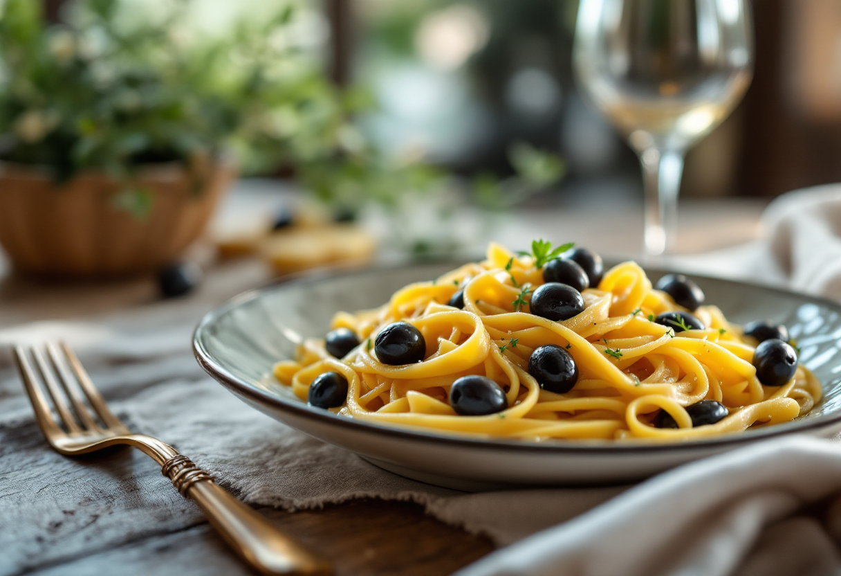 Pasta con olive taggiasche e condimenti freschi