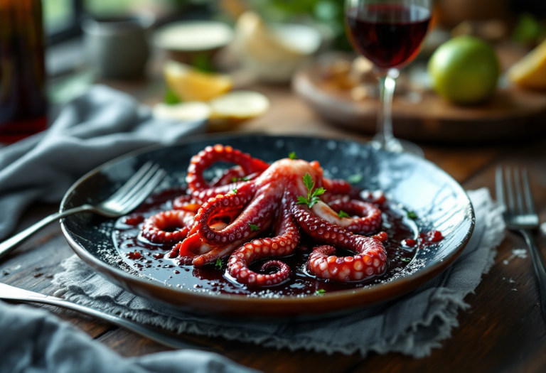 Polpo cucinato con vino rosso e spezie aromatiche