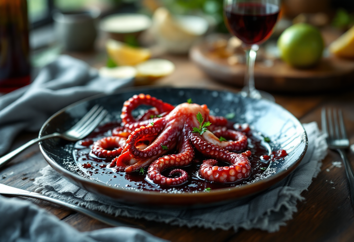 Polpo cucinato con vino rosso e spezie aromatiche