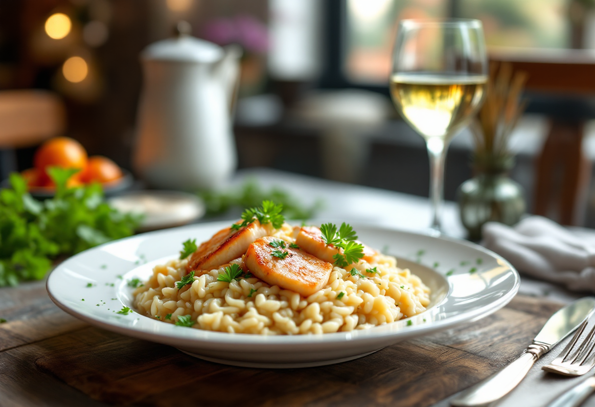 Risotto al pesce persico servito in un piatto elegante