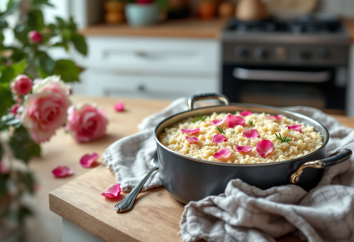 Risotto alle rose servito in un piatto elegante
