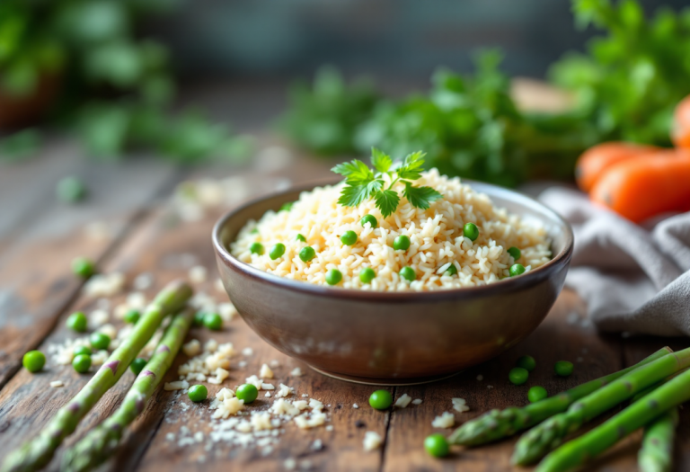Delizioso risotto di primavera con ingredienti freschi