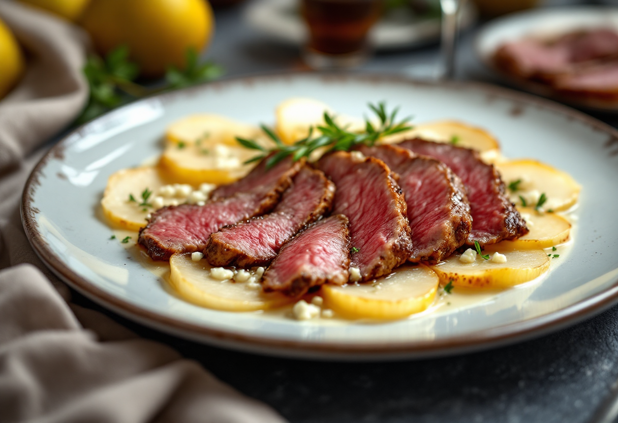 Piatto gourmet di roast beef su carpaccio di pere e gorgonzola