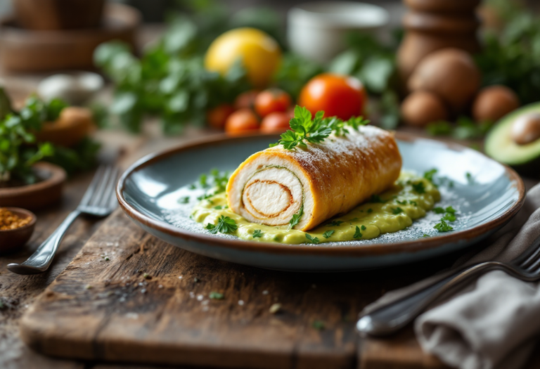 Rollè di pollo servito con salsa di avocado fresca