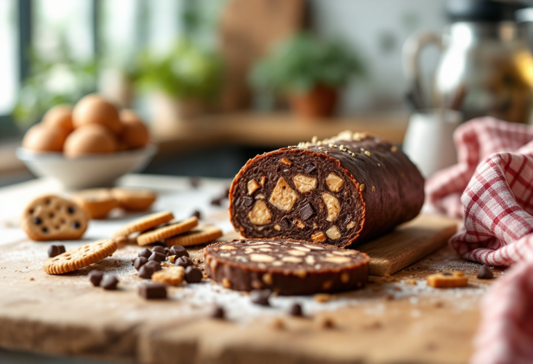 Salame di cioccolato su un piatto decorativo