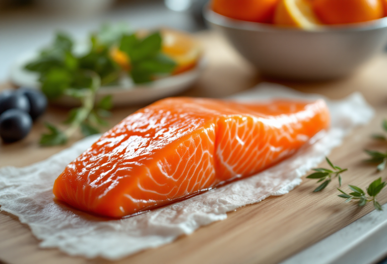 Piatto di salmone all'arancia servito con contorni freschi