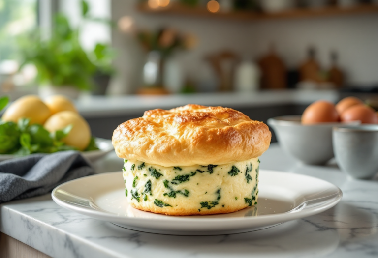 Soufflé di spinaci con gorgonzola e noci servito