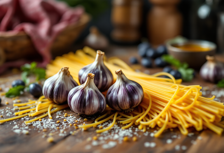 Piatto di spaghetti all'aglio nero con ingredienti freschi