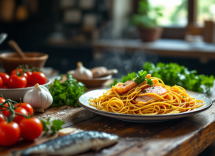 Piatto di spaghetti con sugo di pesce e pomodoro