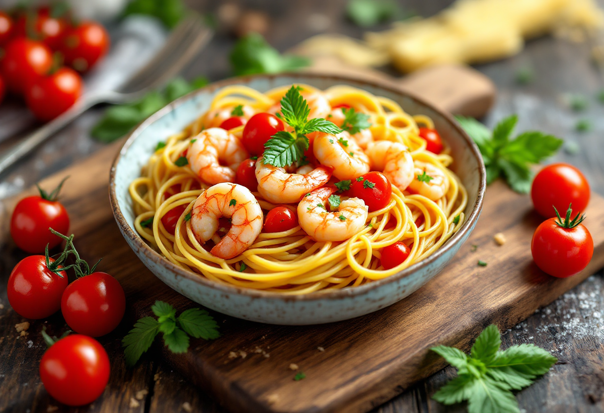 Piatto di spaghetti con gamberetti e pomodorini