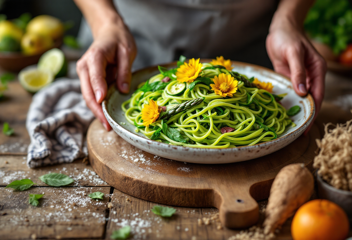 Tagliatelle colorate fresche su un tavolo di legno