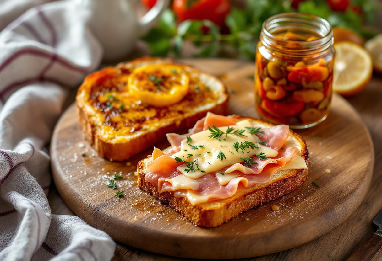 Toast gourmet con prosciutto cotto, raclette e giardiniera