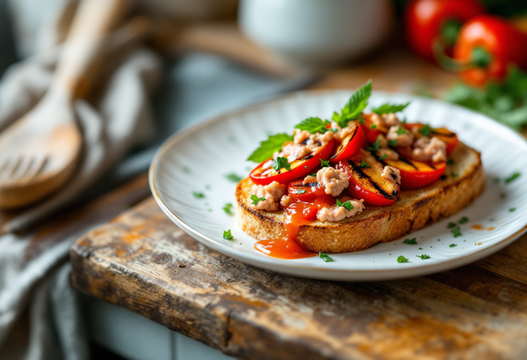 Toast gourmet con peperoni grigliati e salsa tonnata