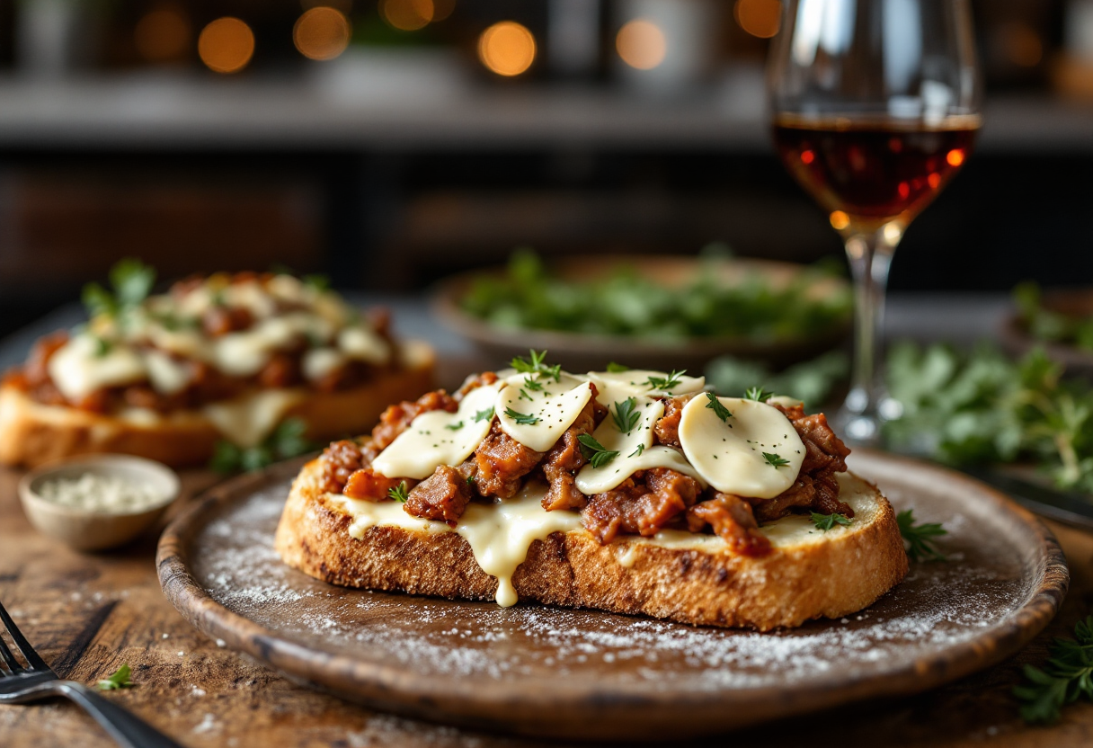 Toast gourmet con spalla cotta e rafano su un piatto