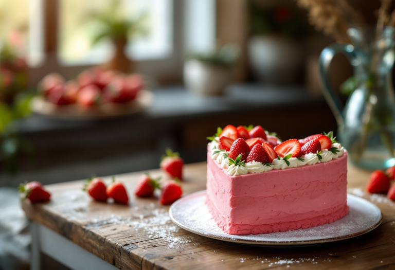 Torta cuor di fragola decorata con fragole fresche