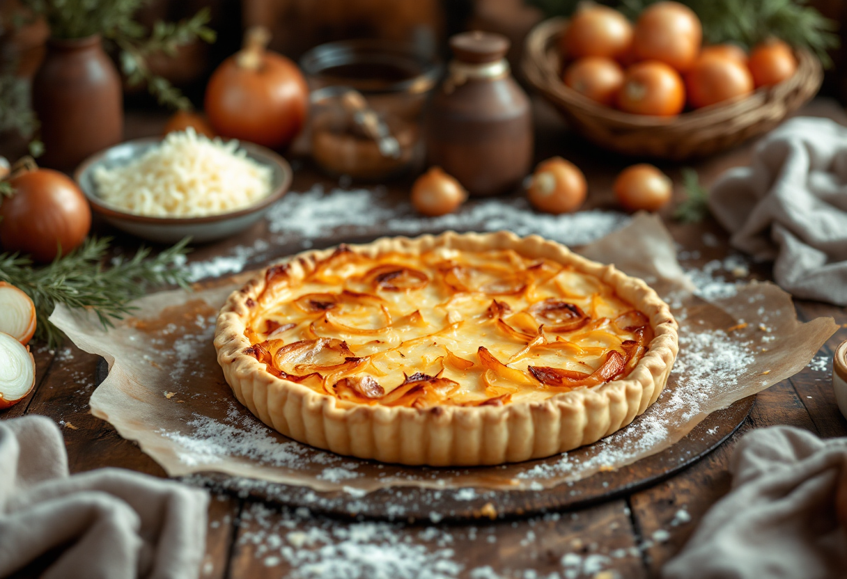 Deliziosa torta di cipolle e formaggio appena sfornata