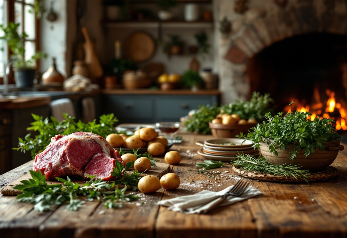 Agnello al forno con contorno di patate dorate
