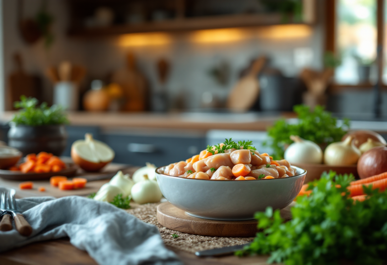 Blanquette di pollo servita con contorni freschi