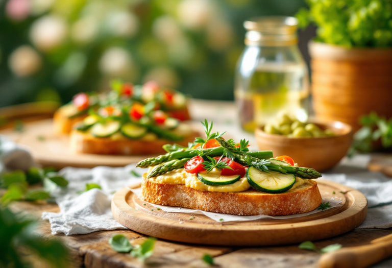 Bruschetta con hummus, asparagi e zucchine fresche