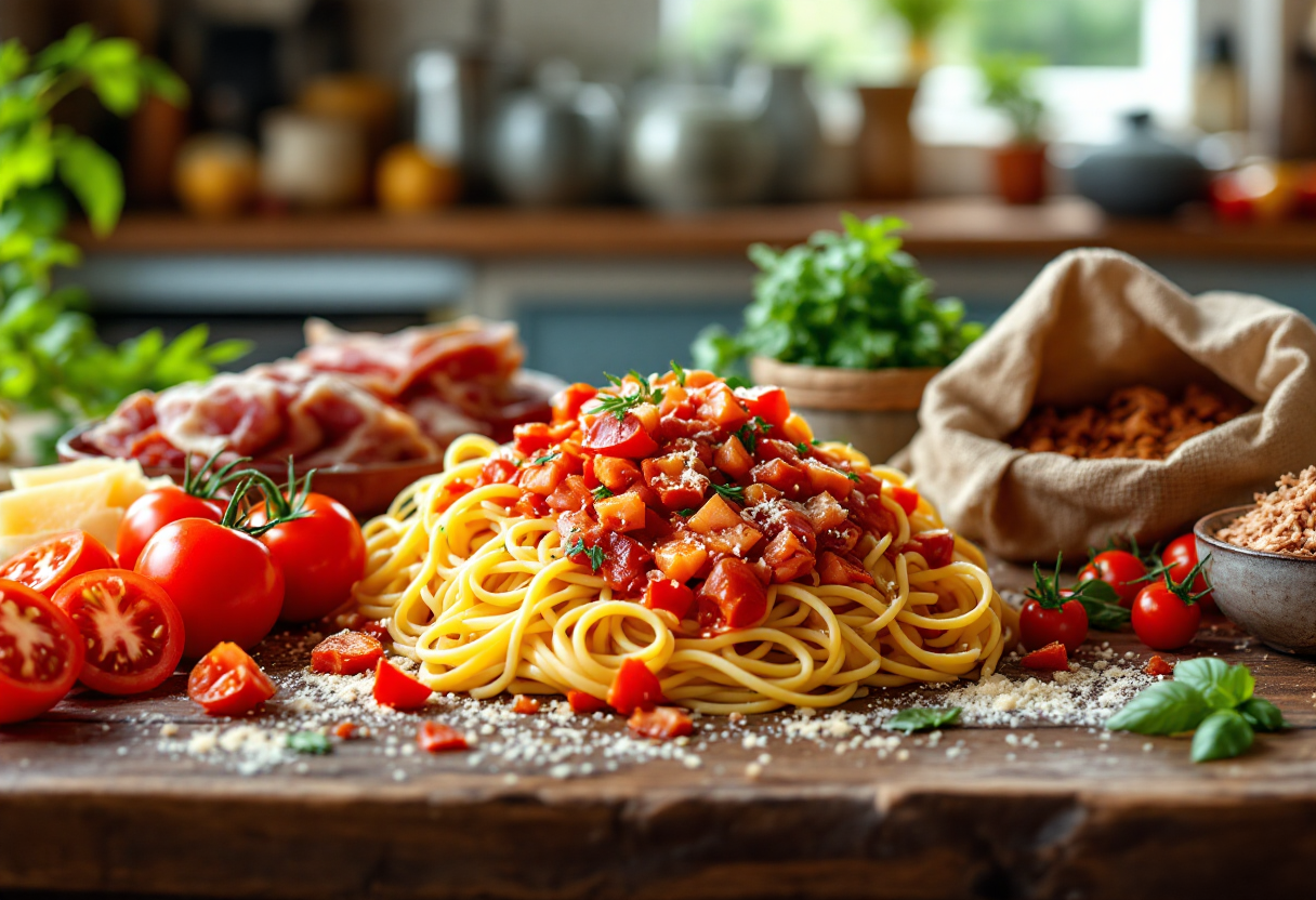 Piatto di bucatini all'amatriciana con guanciale e pomodoro