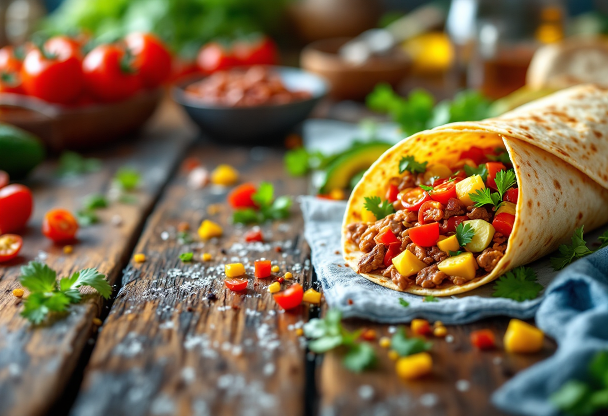 Burritos Tex-Mex pronti da servire con ingredienti freschi