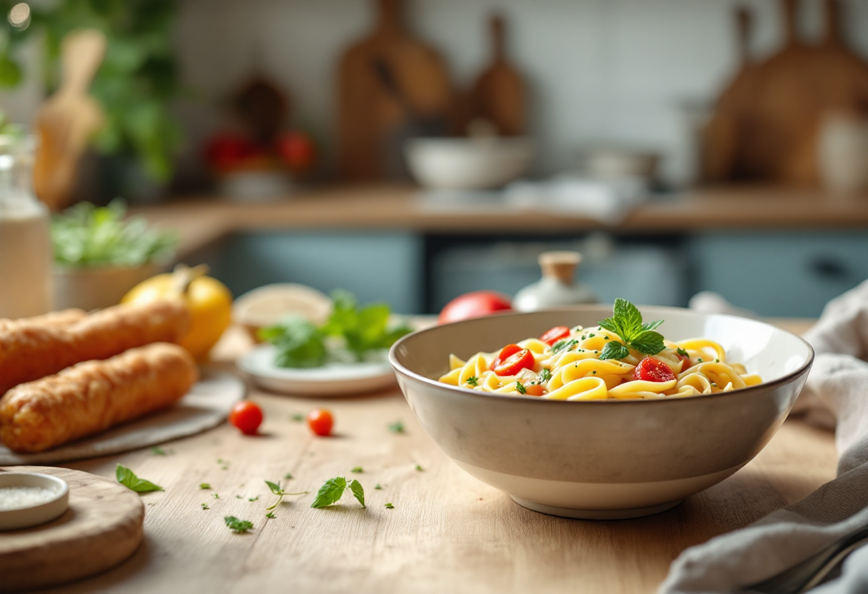 Piatto di carbonara leggera con ingredienti freschi