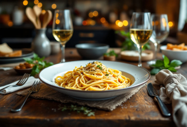 Piatto di carbonara con ingredienti freschi e tradizionali
