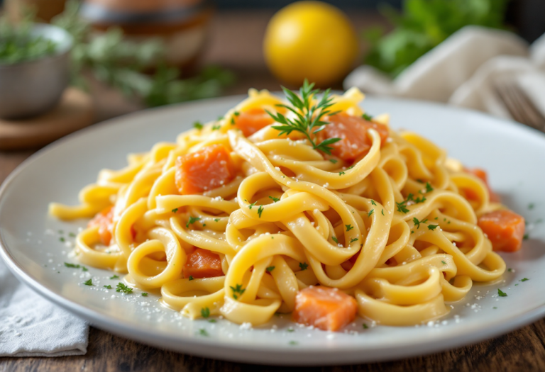 Piatto di carbonara di salmone con ingredienti freschi