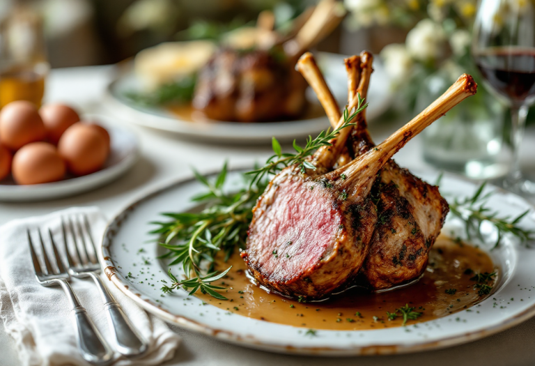 Carré di agnello alle erbe servito su un piatto elegante