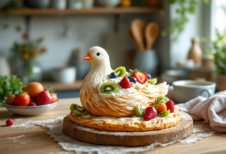 Colomba di Pasqua decorata con crema di ricotta e frutta fresca