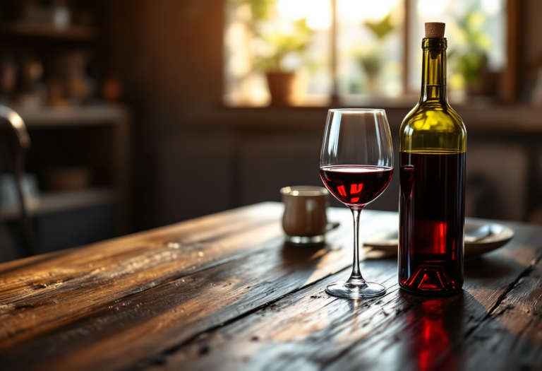 Vino rosso in una bottiglia aperta con tappi