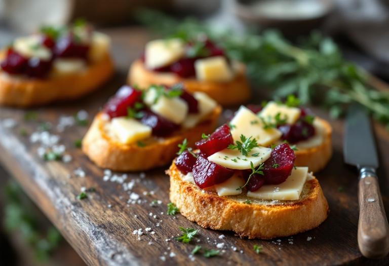 Crostoni con rape e formaggio pecorino su un piatto